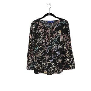 Apt.9 Black Floral scoop Neck Bell Sleeves Blouse with Front Zipper Size‎ XS